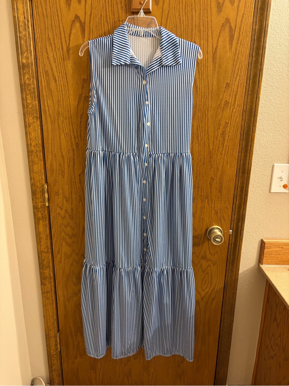 Sleeveless Blue & White Striped Button-Front Maxi Dress